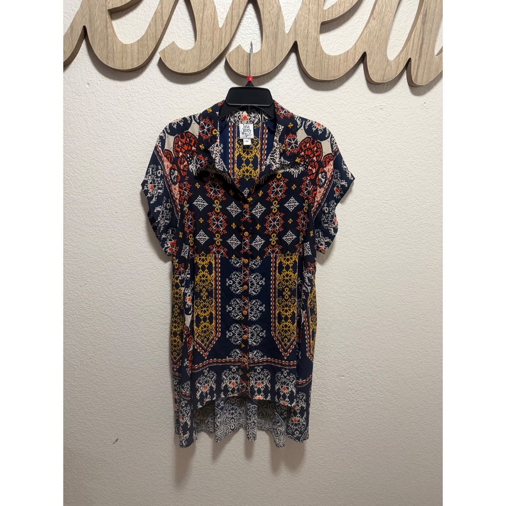 Ivy Jane Navy Blue Orange Yellow Boho Geometric Button Down Shirt Dress Medium